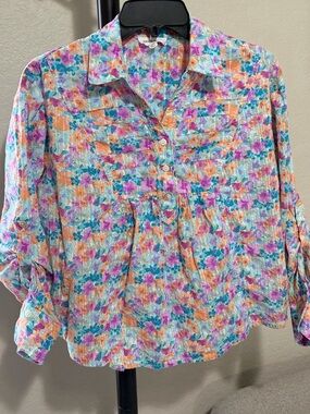 Westbound Turquoise Purple Orange Floral Button-Front Blouse